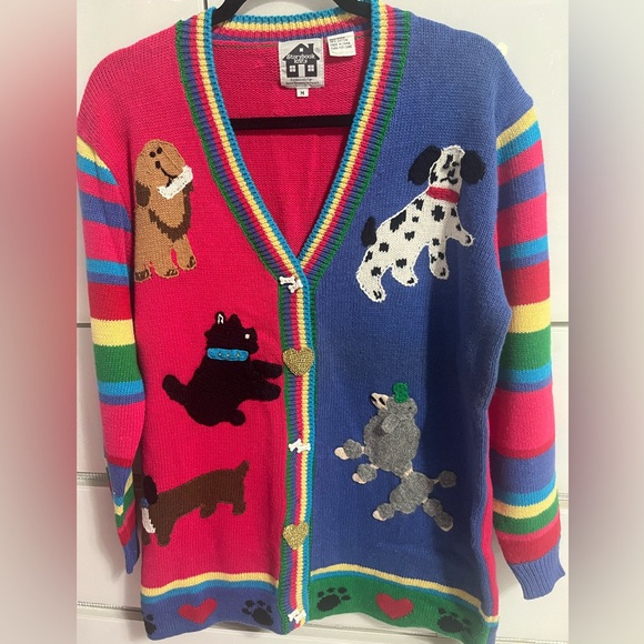 Storybook Knits Vintage Dog Poodle dachshund Paw Dalmatian Cardigan Sweater M - Picture 1 of 3